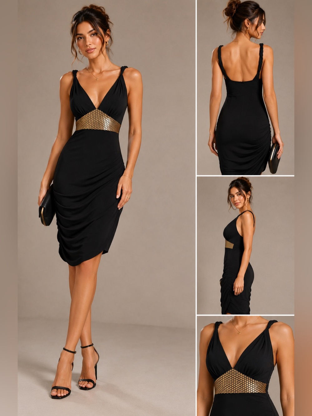 Juju & B Black Plunging V Neck Gold Studded Waist Ruched Bodycon Dress S